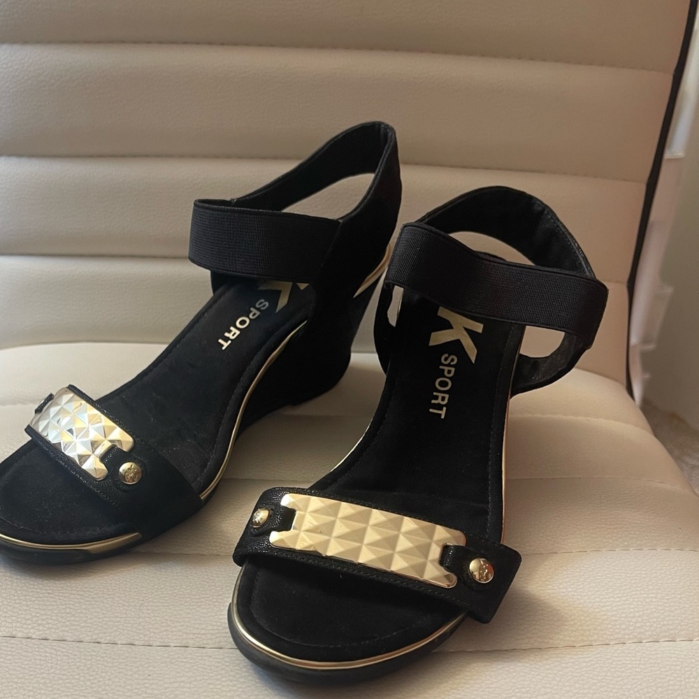 Black and Gold Wedge Sandals